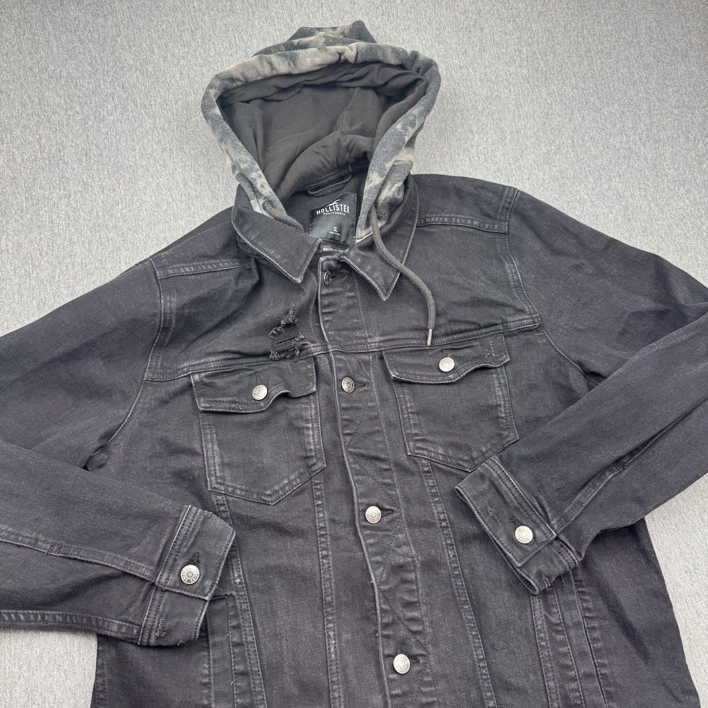 Hollister Hooded Denim Jean Jacket Mens XL Epic Flex Black Tie Dye Distressed